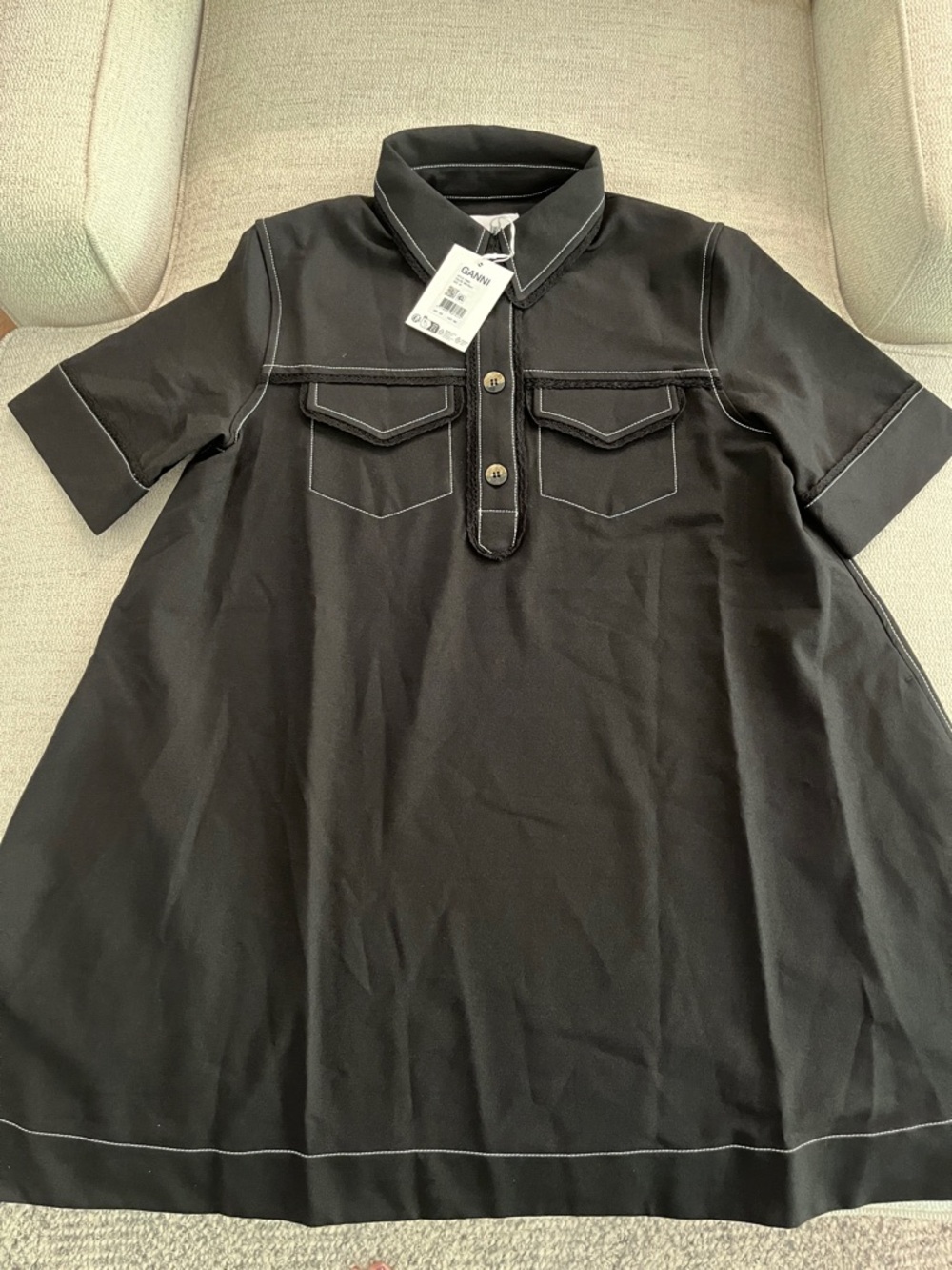 Ganni Black Polo Dress with White Contrast Stitching